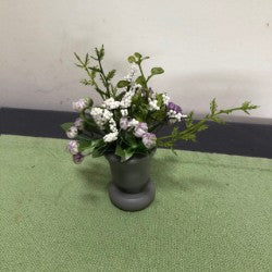 White/Purple Flowers in Wooden Urn
