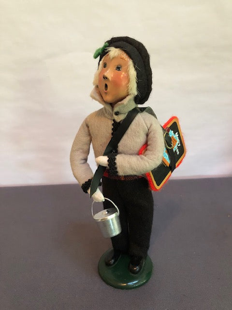 School boy in grey & black with slate & lunch pail