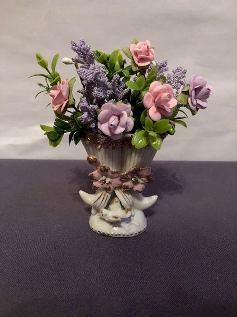 Pink & purple tall ceramic vase with 3D birds