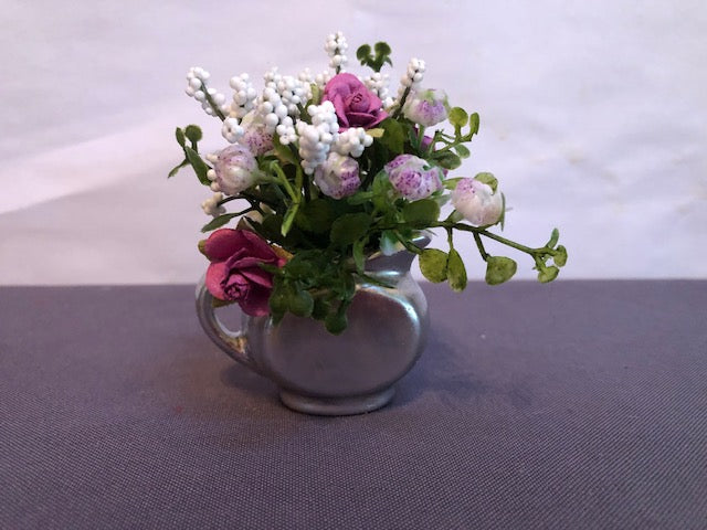 Silver pitcher with white & pink flowers