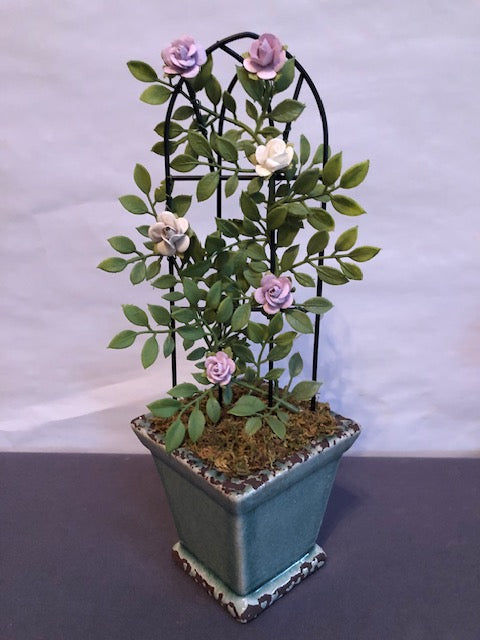 White & Lavender rose trellis in square ceramic planter