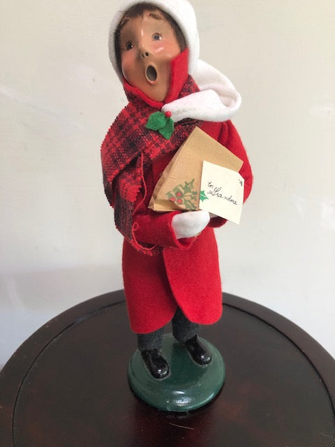 Boy in Long Red Coat with Xmas Card