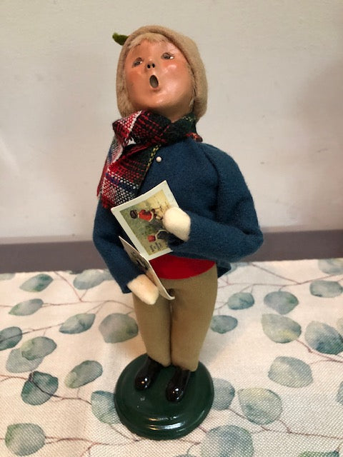 Boy with Post Cards and plaid scarf