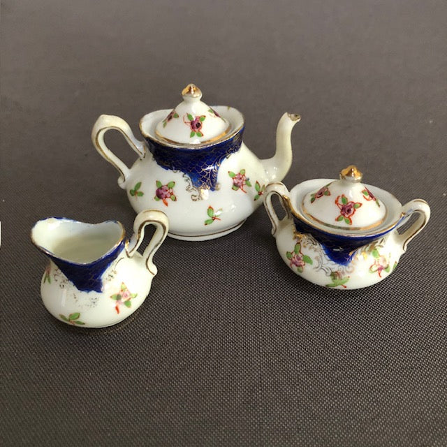 3pc Blue & Pink Rose Tea Set